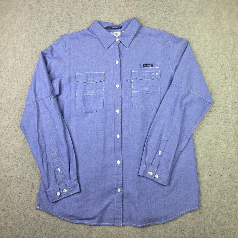 Columbia PFG Super Bonehead Fishing Shirt Women's L Blue Long Sleeve Vented